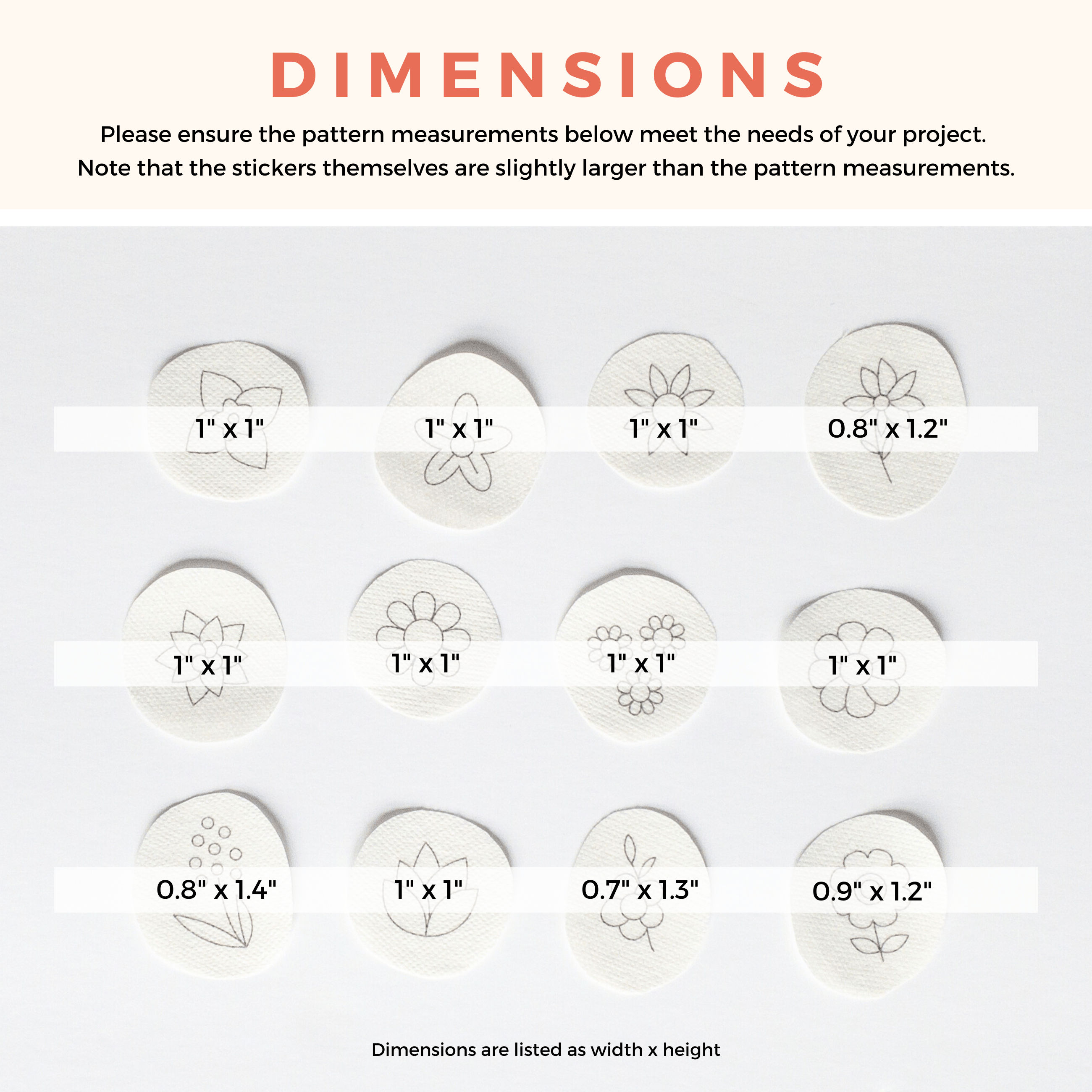 Twelve white round stick and stitch mini flower embroidery patterns with black outlines and dimensions.