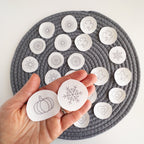 Hand holding two mini stick and stitch embroidery patterns (pumpkin, snowflake) over a grey mat with 22 more designs.