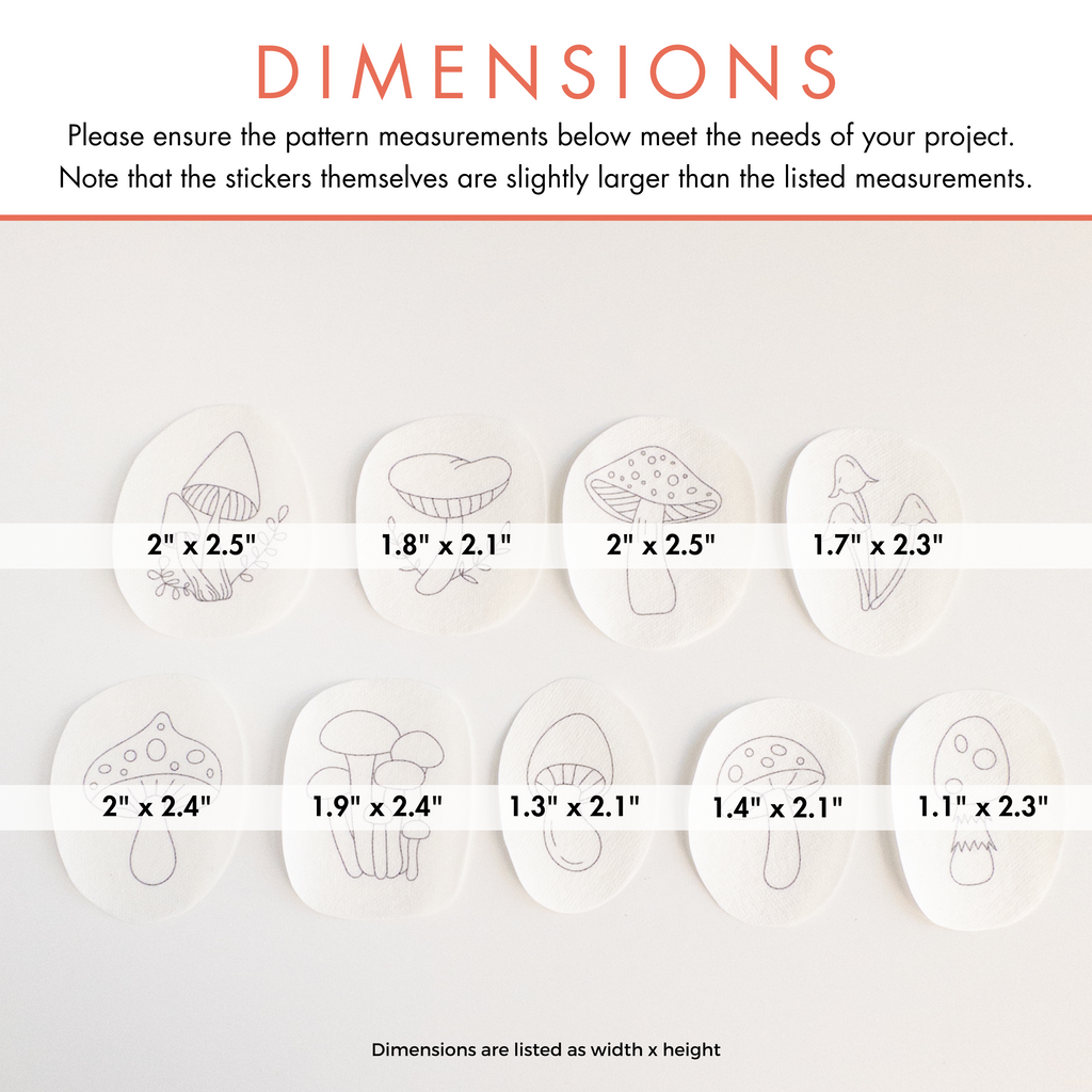 Nine white, water-soluble mushroom stick and stitch embroidery patterns with purple outlines and dimensions.