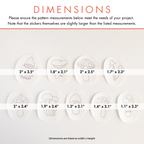 Nine white, water-soluble mushroom stick and stitch embroidery patterns with purple outlines and dimensions.