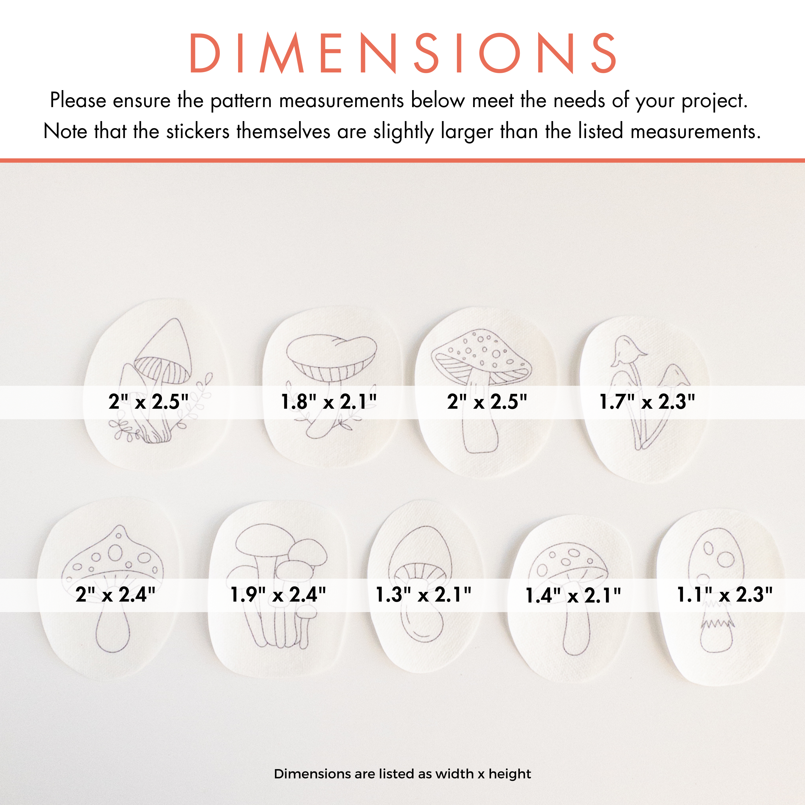 Nine white, water-soluble mushroom stick and stitch embroidery patterns with purple outlines and dimensions.