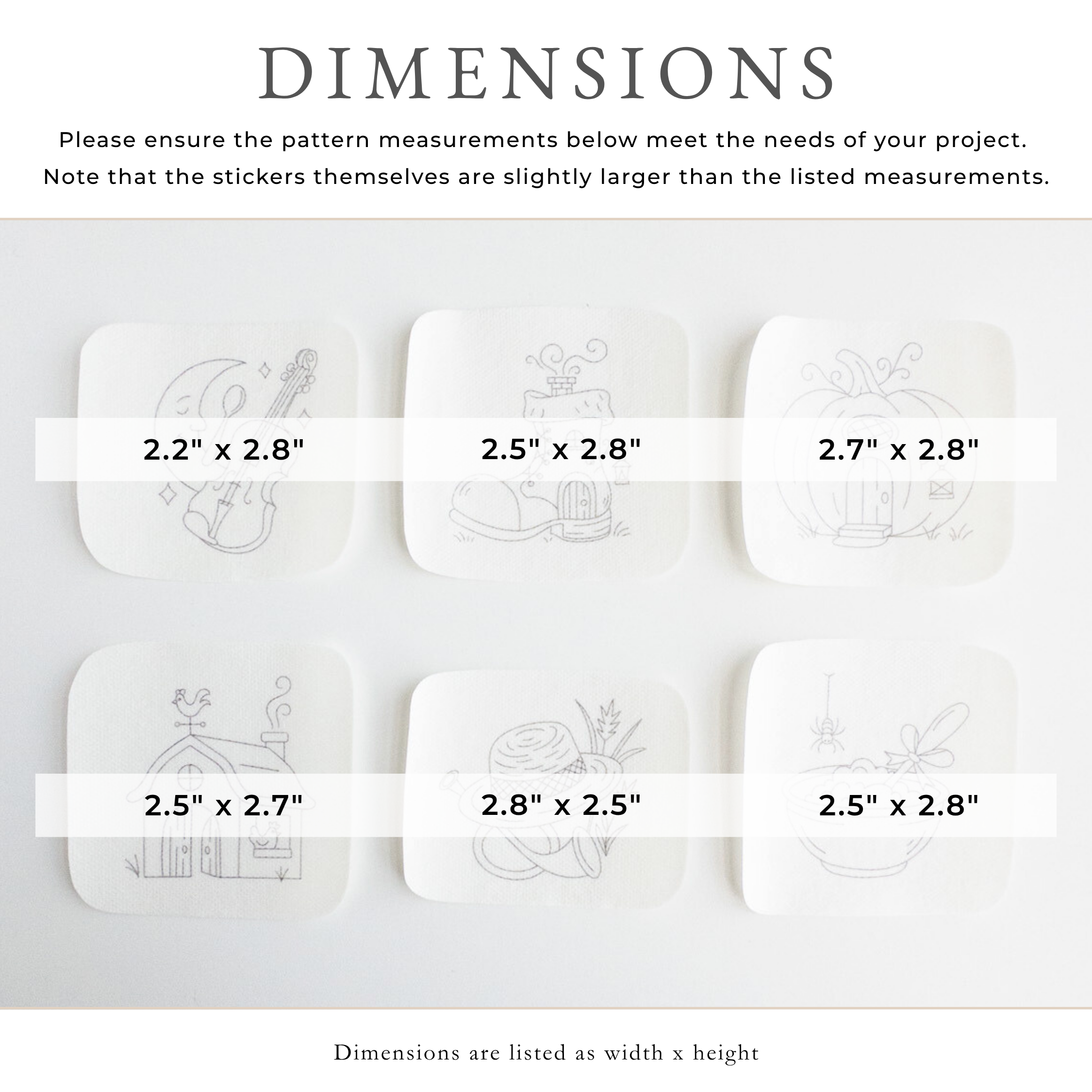 Six white water-soluble stick and stitch embroidery patterns with nursery rhyme designs and dimensions.