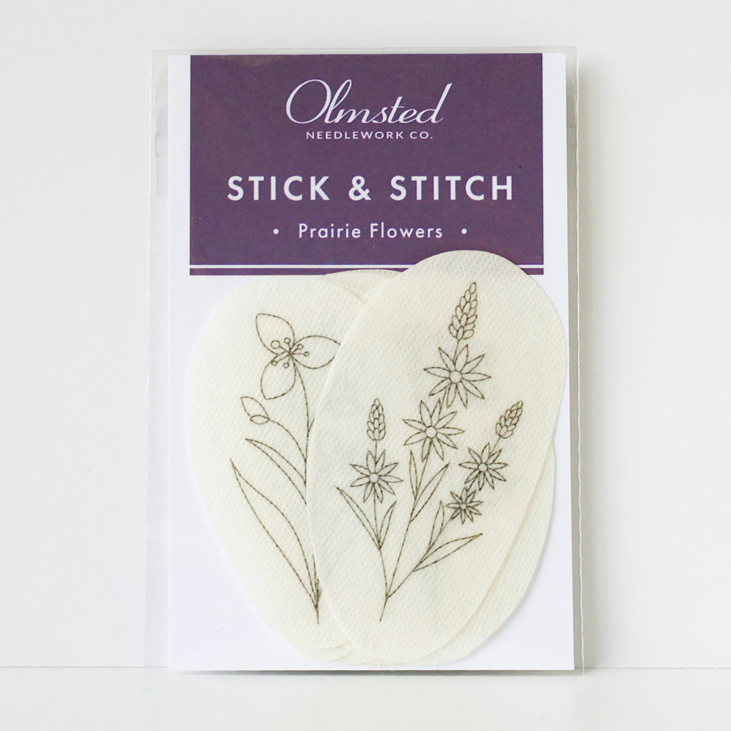 Prairie Flowers Stick & Stitch embroidery patterns on water-soluble stabilizer, packaged with a purple label.