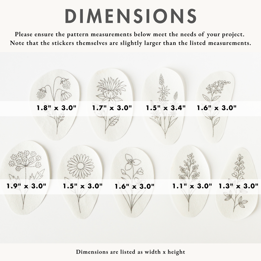 Nine oval, water-soluble embroidery transfers with outline prairie flower designs and their dimensions.