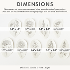 Nine oval, water-soluble embroidery transfers with outline prairie flower designs and their dimensions.