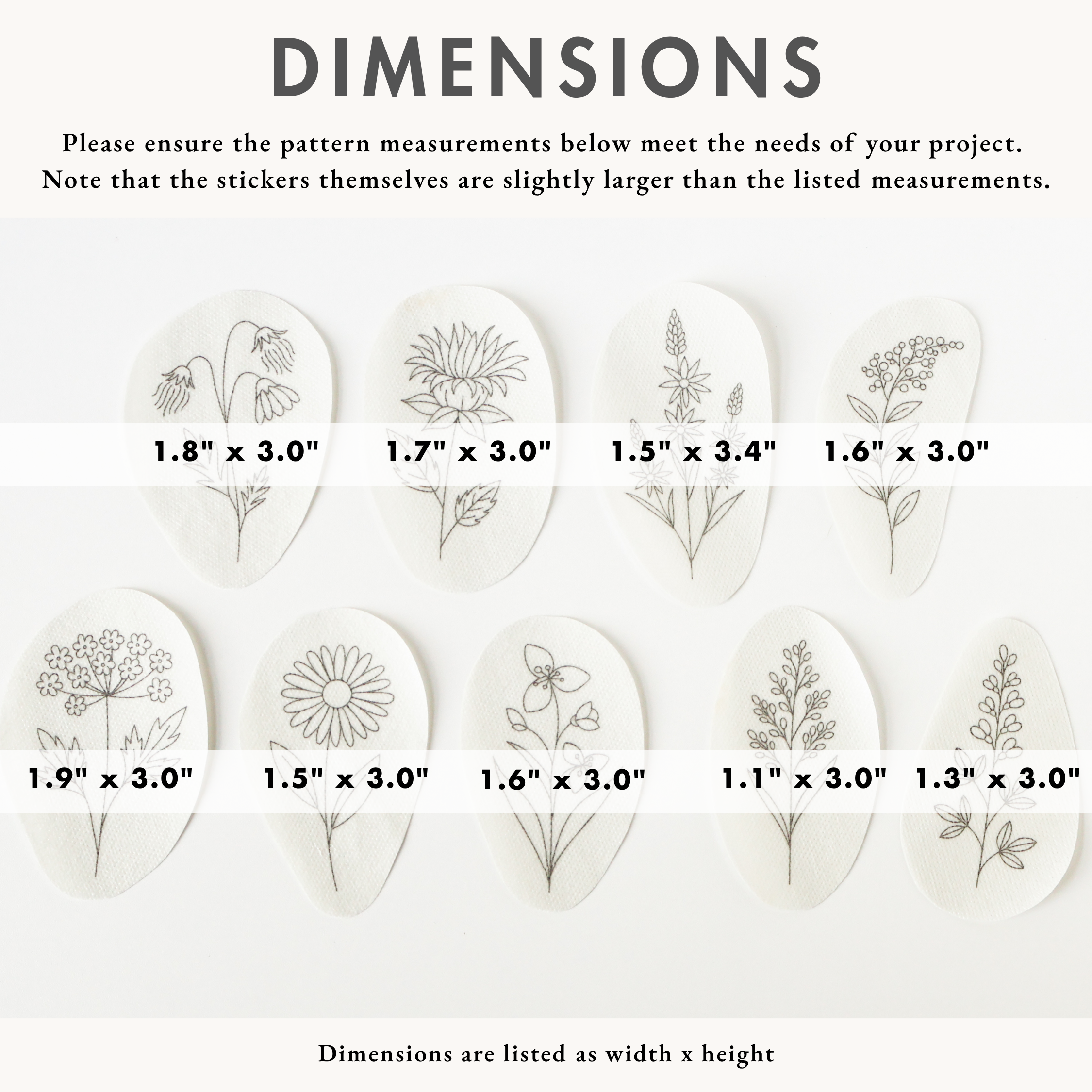 Nine oval, water-soluble embroidery transfers with outline prairie flower designs and their dimensions.
