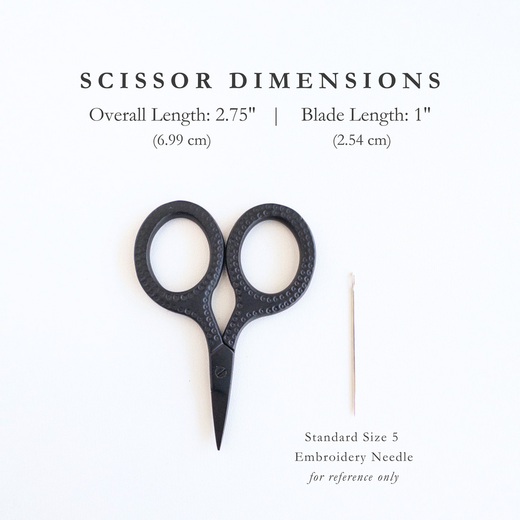 Black embroidery scissors with dimensions (overall length 2.75", blade length 1") displayed on a white background