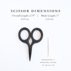 Black embroidery scissors with dimensions (overall length 2.75", blade length 1") displayed on a white background