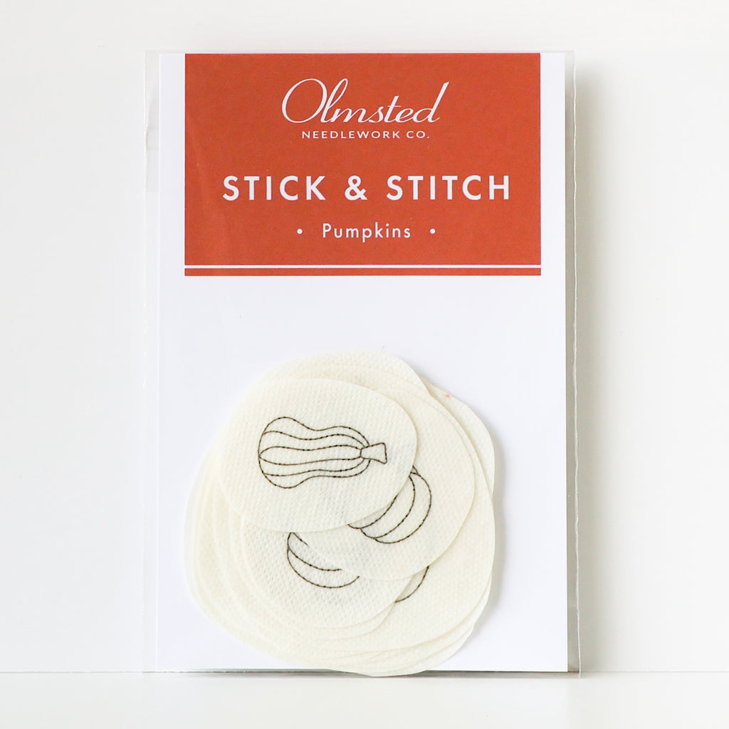 Olmsted Needlework Co. Pumpkin Stick & Stitch embroidery patterns on water-soluble stabilizer.