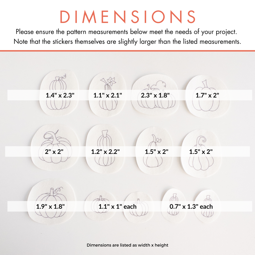 White water-soluble stabilizer patches with 13 black outline pumpkin embroidery patterns, showing various sizes and designs.