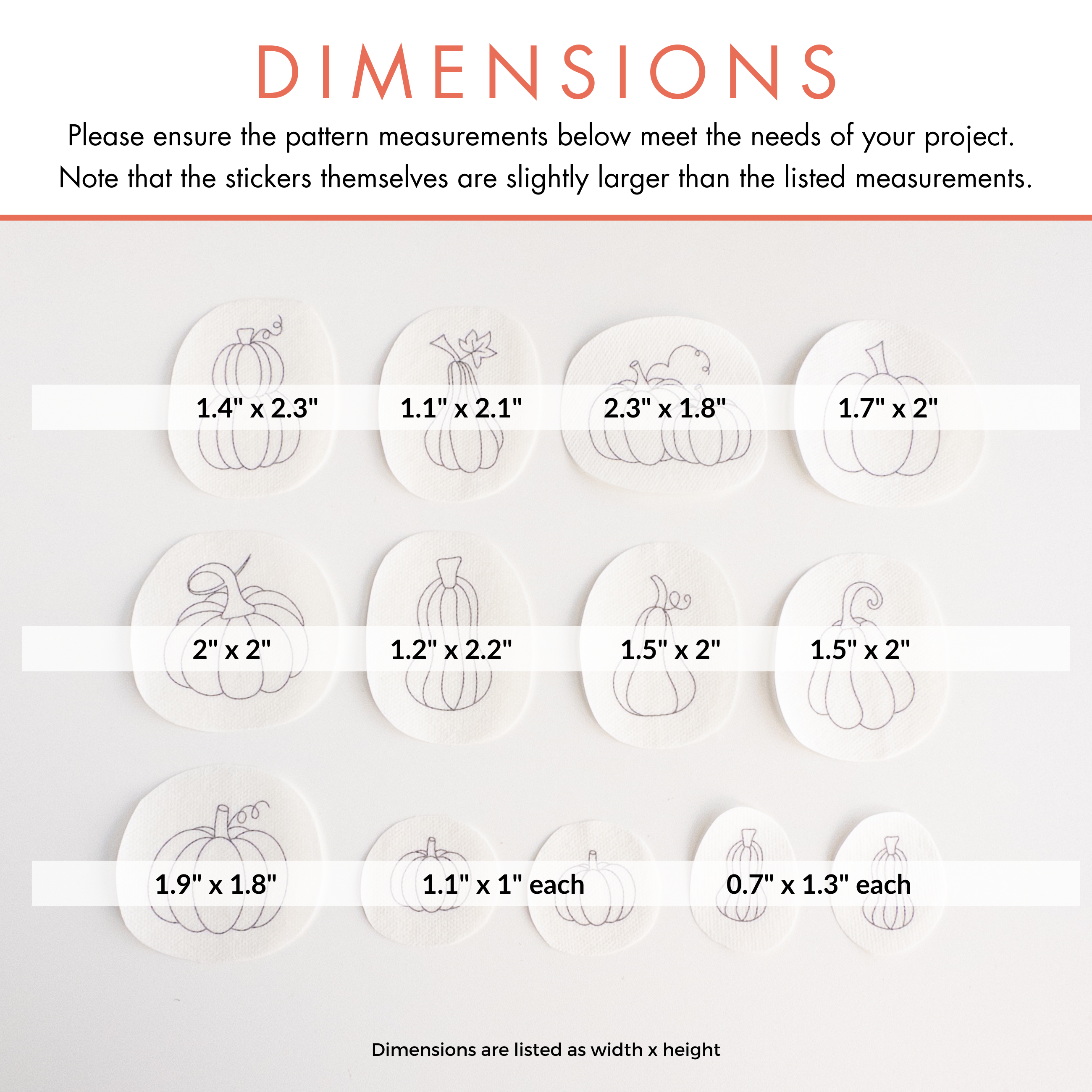 White water-soluble stabilizer patches with 13 black outline pumpkin embroidery patterns, showing various sizes and designs.