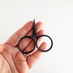 Hand holding a pair of black embroidery scissors against a white background