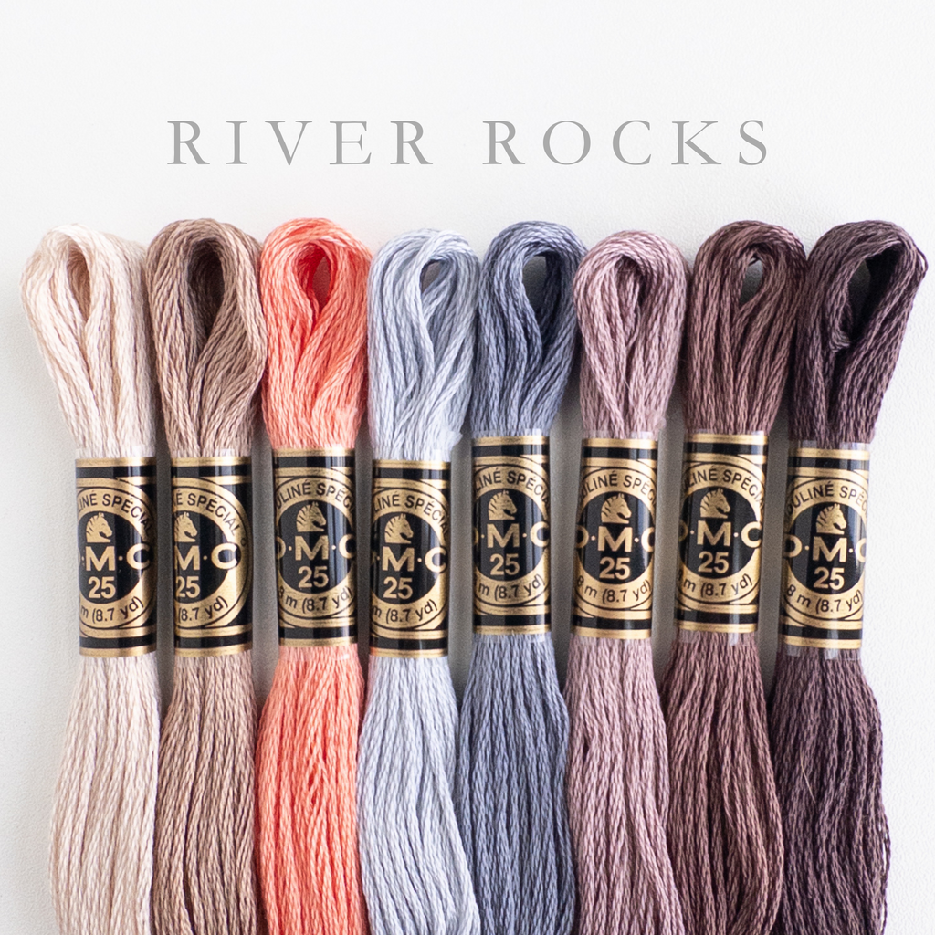 DMC "River Rocks" embroidery floss bundle: 8 skeins of premium 6-strand thread in earthy tones.