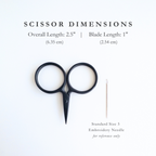 Black embroidery scissors with dimensions (overall length 2.5", blade length 1") on a white background