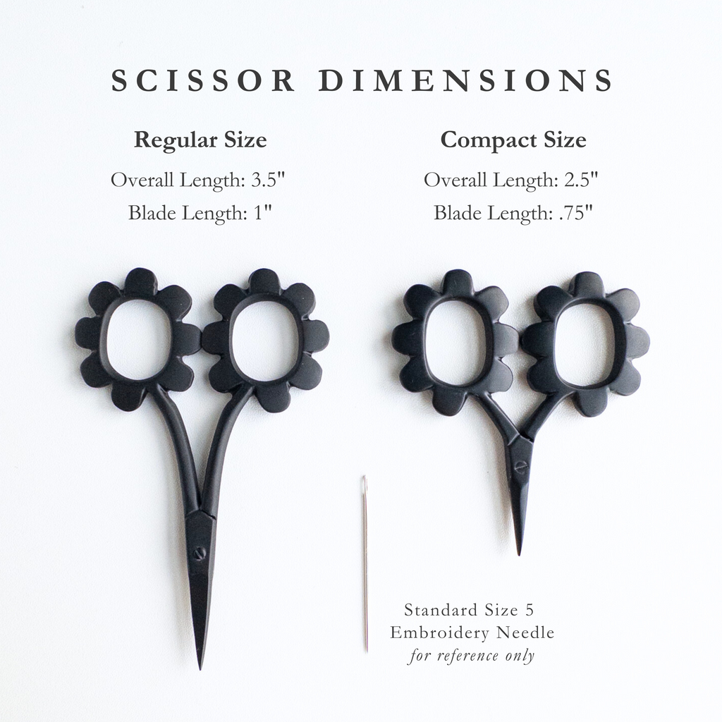 Comparison of regular and compact size scissors with dimensions displayed. Regular size dimensions are: Overall Length: 3.5", Blade Length: 1". Compact size dimensions are: Overall Length: 2.5", Blade Length: .75"