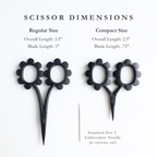 Comparison of regular and compact size scissors with dimensions displayed. Regular size dimensions are: Overall Length: 3.5", Blade Length: 1". Compact size dimensions are: Overall Length: 2.5", Blade Length: .75"