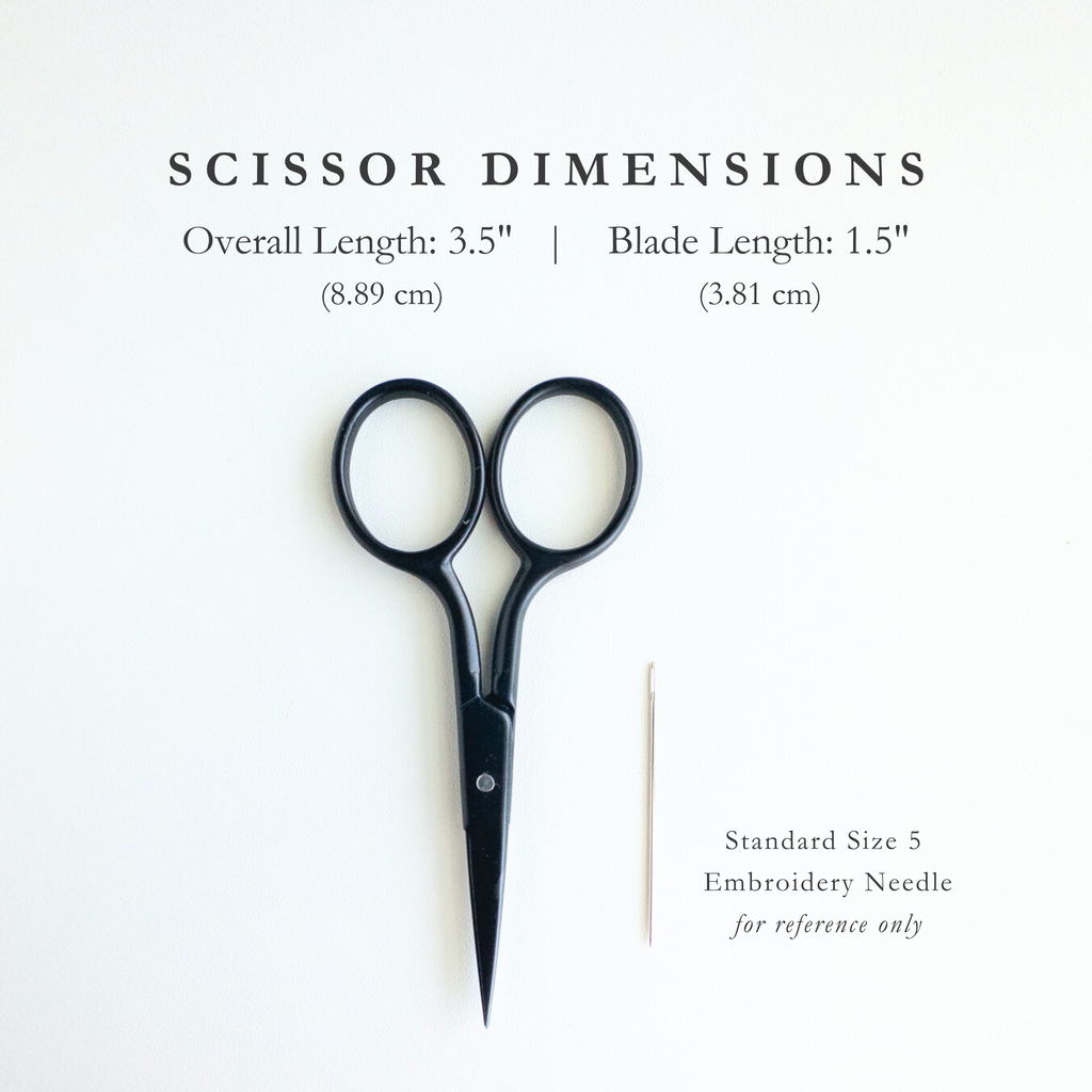 Matte black 3.5" embroidery scissors with 1.5" stainless steel blades next to a needle for size reference.