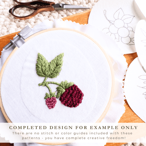 Embroidered berry design in a hoop with green leaves and red berries, next to blank stick and stitch patterns.