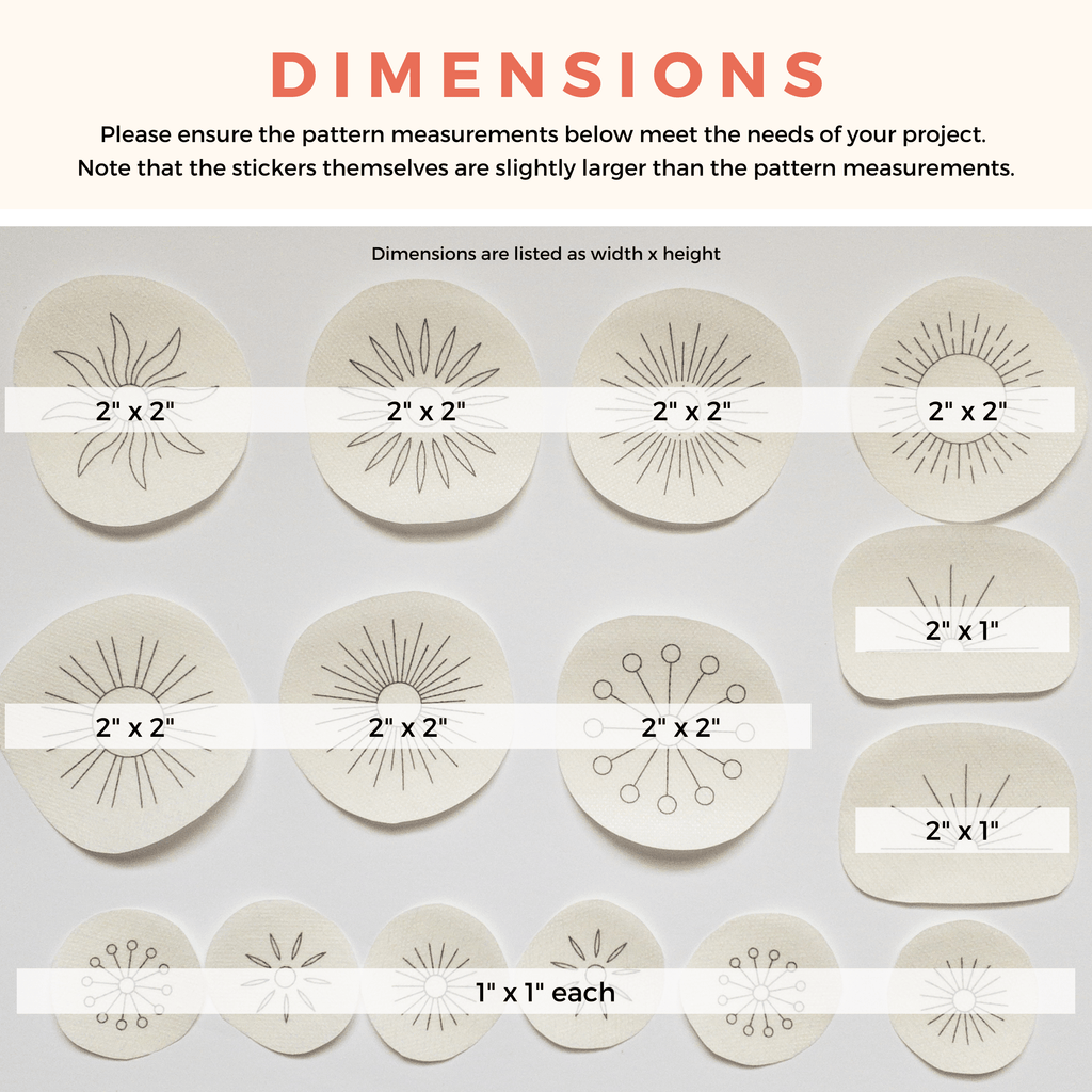 Sunburst Stick and Stitch patterns: 15 water-soluble embroidery patches, various sun designs with dimensions.