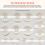 Sunburst Stick and Stitch patterns: 15 water-soluble embroidery patches, various sun designs with dimensions.