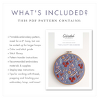 Twilight Meadow embroidery pattern PDF cover with a 6" hoop featuring fall florals on moody fabric.