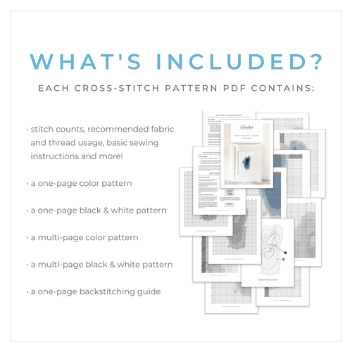 Digital download showing various cross-stitch pattern pages for Lake Ontario, including color and black & white charts.