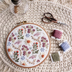 Embroidered wildflower field pattern in a 6-inch hoop with daisies, lavender, and colorful threads.