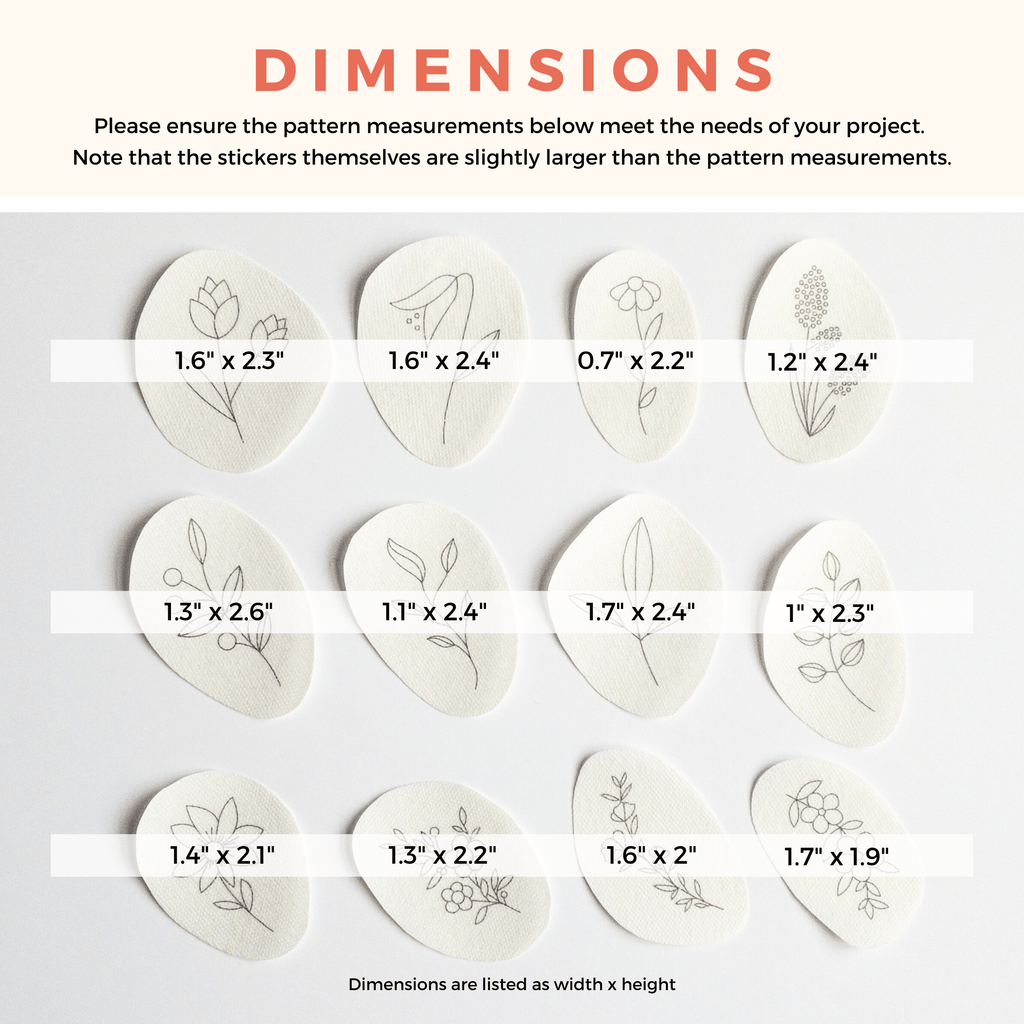 Twelve oval, off-white water-soluble stick and stitch wildflower embroidery patterns with varying dimensions.