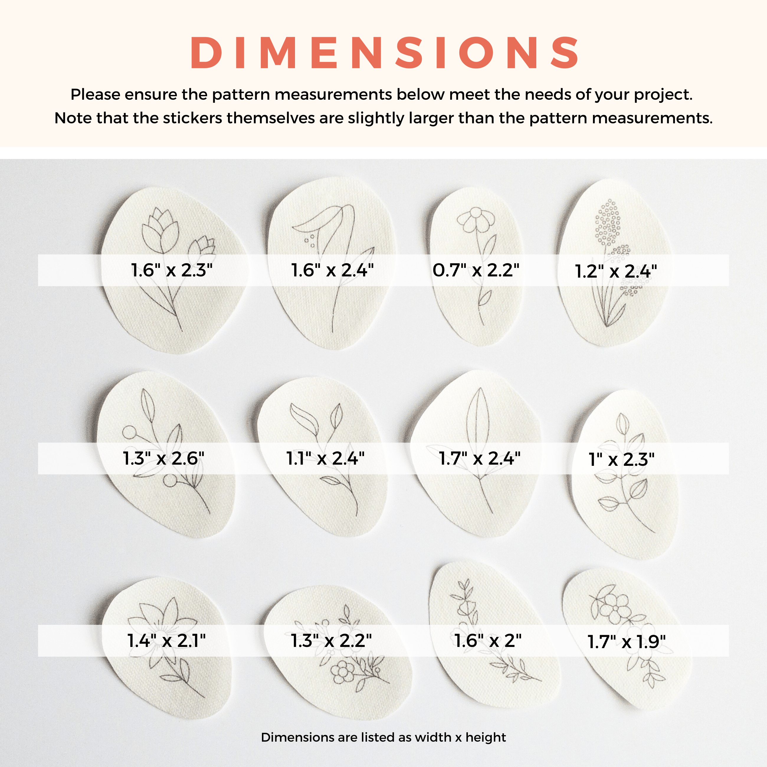 Twelve oval, off-white water-soluble stick and stitch wildflower embroidery patterns with varying dimensions.